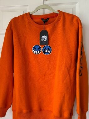 Minimaru Clothing Orange Anime Sweatshirt Men Small Streetwear Embroidered